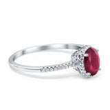 Halo Fashion Ring Oval Simulated Ruby CZ Accent 925 Sterling Silver