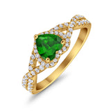 Heart Promise Ring Infinity Shank Yellow Tone, Simulated Green Emerald CZ 925 Sterling Silver