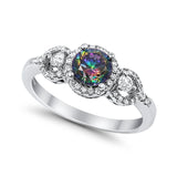 Halo Wedding Ring Round Simulated Rainbow CZ 925 Sterling Silver