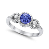 Halo Wedding Ring Round Simulated Tanzanite CZ 925 Sterling Silver