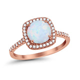 Halo Wedding Ring Round Rose Tone, Lab Created White Opal 925 Sterling Silver