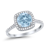 Halo Wedding Engagement Ring Round Simulated Aquamarine CZ 925 Sterling Silver