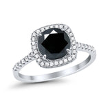 Halo Wedding Engagement Ring Round Simulated Black CZ 925 Sterling Silver