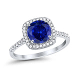 Halo Wedding Engagement Ring Round Simulated Blue Sapphire CZ 925 Sterling Silver