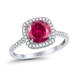 Halo Wedding Engagement Ring Round Simulated Ruby CZ 925 Sterling Silver