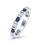 Full Eternity Stackable Ring Wedding Band Round Simulated Blue Sapphire CZ 925 Sterling Silver (3mm)