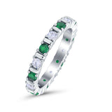 Full Eternity Stackable Ring Wedding Band Round Simulated Green Emerald CZ 925 Sterling Silver (3mm)