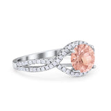 Halo Twisted Engagement Ring Simulated Morganite CZ 925 Sterling Silver