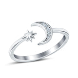 Moon & Star Wedding Band Ring Round Simulated Cubic Zirconia 925 Sterling Silver