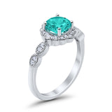Halo Floral Art Deco Engagement Ring Simulated Paraiba Tourmaline CZ 925 Sterling Silver