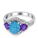 Halo Oval Lab Created Blue Opal Heart Amethyst CZ Ring 925 Sterling Silver