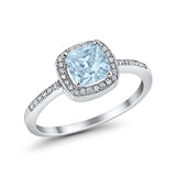 Halo Accent Engagement Ring Simulated Aquamarine CZ 925 Sterling Silver