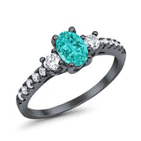 Accent Wedding Ring Oval Black Tone, Simulated Paraiba Tourmaline CZ 925 Sterling Silver