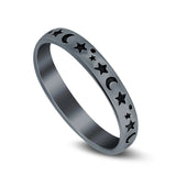 Stars Moon Plain Ring Band Solid Black Tone Round 925 Sterling Silver