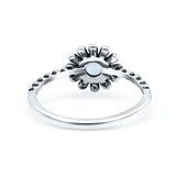 Flower Style Petite Dainty Round Ring Solid Oxidized Lab Created White Opal 925 Sterling Silver