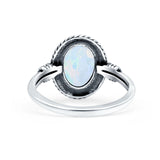Petite Dainty Vintage Style Lab Created White Opal Ring Solid Oval Oxidized 925 Sterling Silver