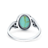 Petite Dainty Oval Vintage Style Ring Oxidized Solid Simulated Turquoise 925 Sterling Silver