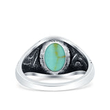 Filigree Vintage Style Lab Opal Ring Solid Oval Oxidized Simulated Turquoise 925 Sterling Silver