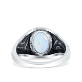Filigree Vintage Style Lab Opal Ring Solid Oval Oxidized Lab Created White Opal 925 Sterling Silver