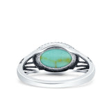 Vintage Style Petite Dainty Lab Opal Ring Solid Oval Oxidized Simulated Turquoise 925 Sterling Silver
