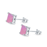 Halo Stud Earrings Princess Cut Lab Created Pink Opal 925 Sterling Silver 7mm