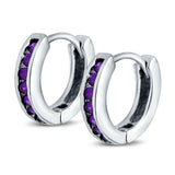 Eternity Huggie Hoop Earrings Channel Round Simulated Amethyst CZ 925 Sterling Silver