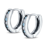 Eternity Huggie Hoop Earrings Channel Round Simulated Aquamarine Cubic Zirconia 925 Sterling Silver