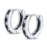 Eternity Huggie Hoop Earrings Channel Round Simulated Black Cubic Zirconia 925 Sterling Silver