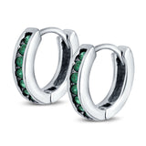 Eternity Huggie Hoop Earrings Channel Round Simulated Green Emerald CZ 925 Sterling Silver