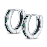 Eternity Huggie Hoop Earrings Channel Round Simulated Green Emerald Cubic Zirconia 925 Sterling Silver