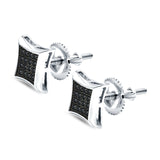 Square Hip Hop Iced Out Screwback Stud Earrings Simulated Black CZ 925 Sterling Silver