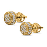 Round Stud Earrings Micro Pave Yellow Tone, Simulated CZ Screwback 925 Sterling Silver