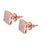 Square Stud Earrings Pave Rose Tone, Simulated CZ Screw-Back 925 Sterling Silver