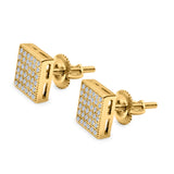 Square Stud Earrings Pave Yellow Tone, Simulated CZ Screw-Back 925 Sterling Silver