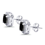 Halo Stud Earrings Wedding Princess Cut Simulated Black CZ Solid 925 Sterling Silver