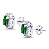 Halo Stud Earrings Wedding Princess Cut Simulated Green Emerald CZ Solid 925 Sterling Silver