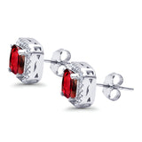 Halo Stud Earrings Wedding Princess Cut Simulated Ruby CZ Solid 925 Sterling Silver