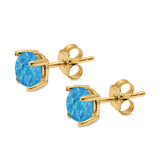 Round Solitaire Stud Earrings Yellow Tone, Lab Created Blue Opal 925 Sterling Silver 7mm