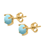 Round Solitaire Stud Earrings Yellow Tone, Natural Larimar 925 Sterling Silver 7mm