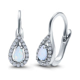 Halo Teardrop LeverBack Earrings Pear Lab Created White Opal 925 Sterling Silver