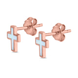 Cross Stud Earrings Rose Tone, Lab Created White Opal 925 Sterling Silver