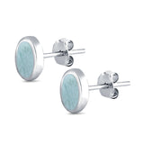 Solitaire Oval Stud Earrings Natural Larimar 925 Sterling Silver