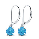 Round Lab Created Blue Opal Leverback Earrings 925 Sterling Silver (25.4mm)