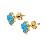 Clover Flower Stud Earring Yellow Tone, Lab Created Blue Opal 925 Sterling Silver (6.20mm)