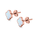 Clover Flower Stud Earring Rose Tone, Lab Created White Opal 925 Sterling Silver (6.20mm)