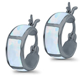 Hoop Huggies Earrings Irregular Shape Black Tone, Lab Created White Opal 925 Sterling Silver