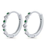Art Deco Huggie Hoop Earrings Round Simulated Green Emerald CZ 925 Sterling Silver (18mm)