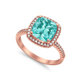 Halo Engagement Ring Accent Cushion Rose Tone, Simulated Paraiba Tourmaline CZ 925 Sterling Silver