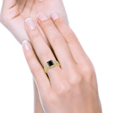 Halo Wedding Ring Princess Yellow Tone, Simulated Black CZ 925 Sterling Silver