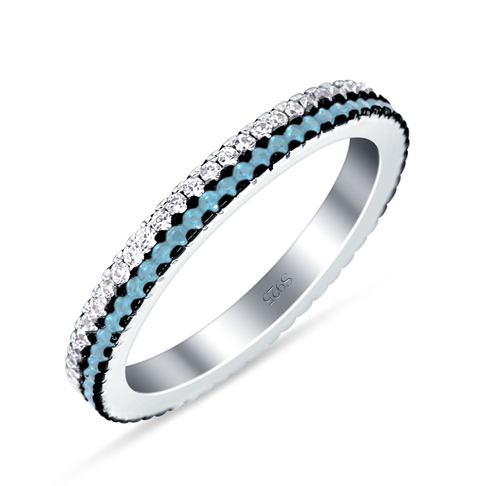 Full Eternity Rings Stackable Band Round Aquamarine Cubic Zirconia 925 Sterling Silver